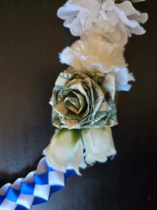 Braided Money Lei: ROYAL & WHITE