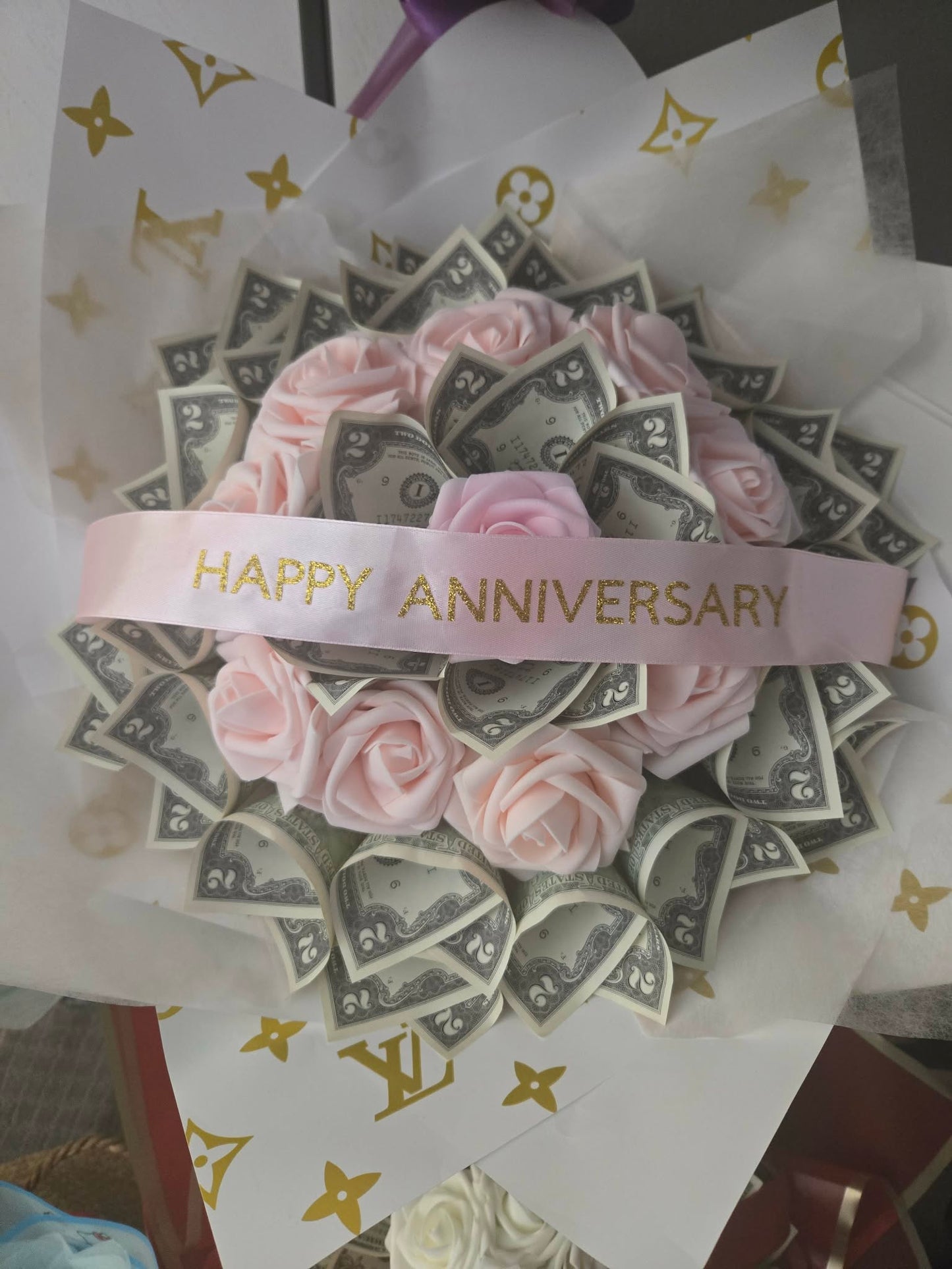 Large Designer-Inspired Money Bouquet: LOUIS VUITTON White Style