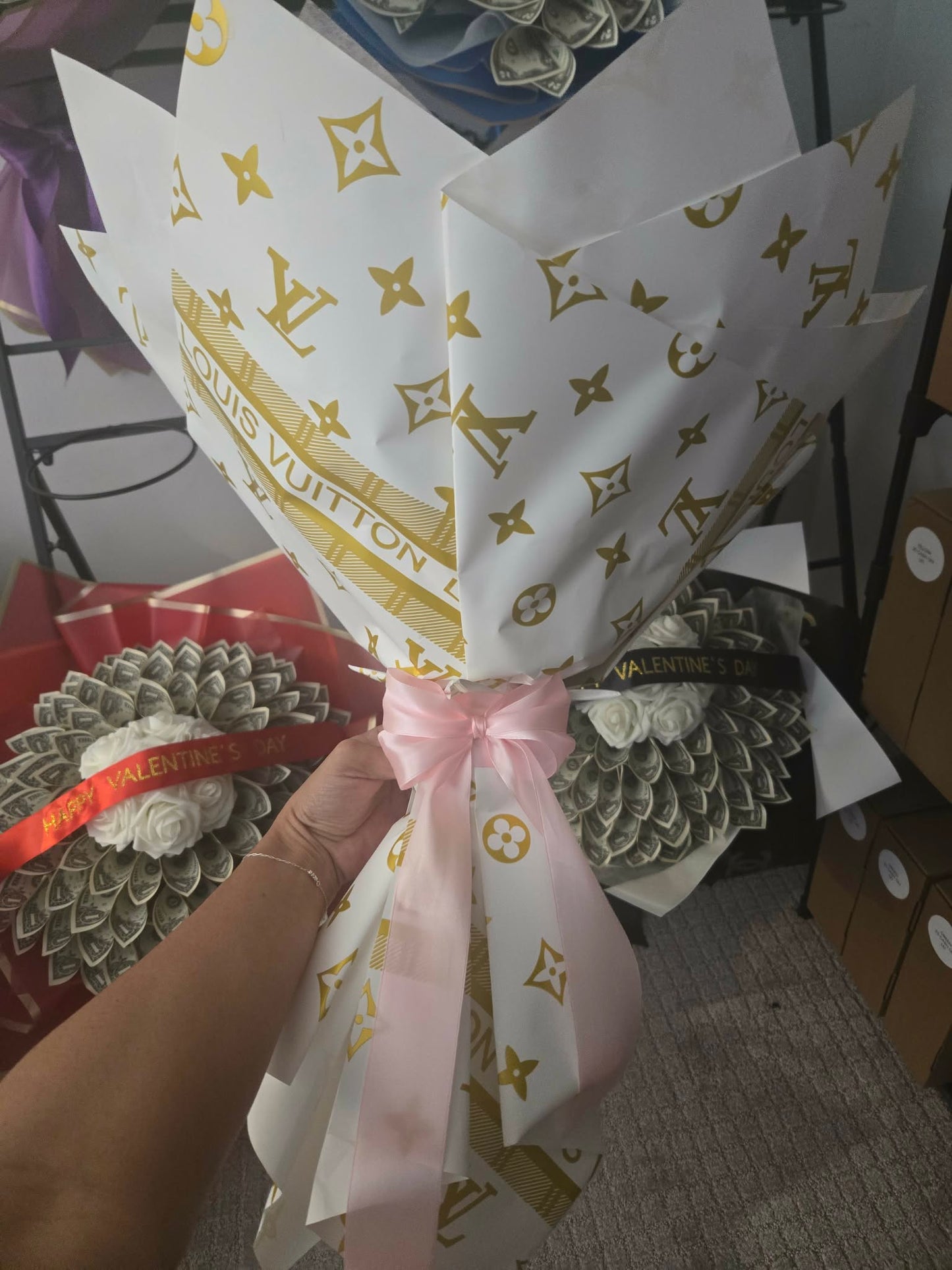 Large Designer-Inspired Money Bouquet: LOUIS VUITTON White Style