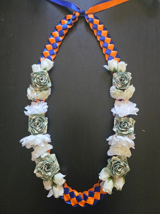 Braided Money Lei: BLUE & ORANGE